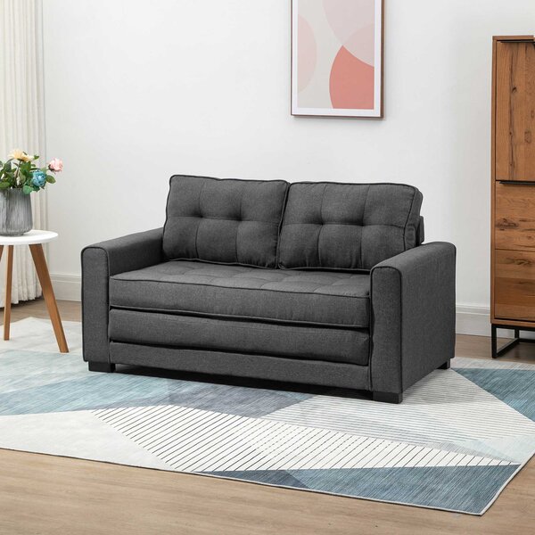 HOMCOM Rozkládací pohovka pro spaní 2-místná látková pohovka s funkcí spaní, pohovka s dotekem lnu, gumovníkové dřevo, šedá 147,5 x 75 x 85 cm | Aosom