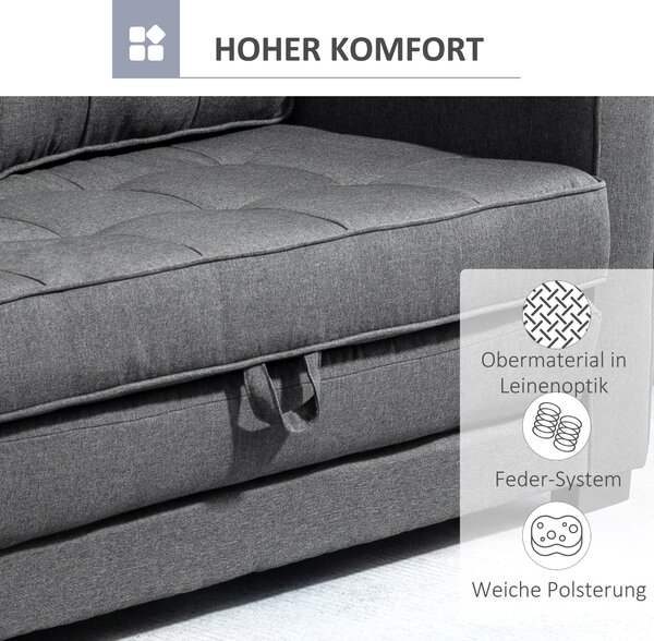 HOMCOM Rozkládací pohovka pro spaní 2-místná látková pohovka s funkcí spaní, pohovka s dotekem lnu, gumovníkové dřevo, šedá 147,5 x 75 x 85 cm | Aosom