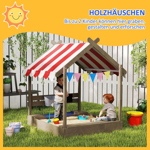 Dětské pískoviště Outsunny s střechou, dřevěné pískoviště se sezením, herní domeček, 124 x 116 x 146 cm, pískoviště s tabulí pro děti ve věku 3-7 let
