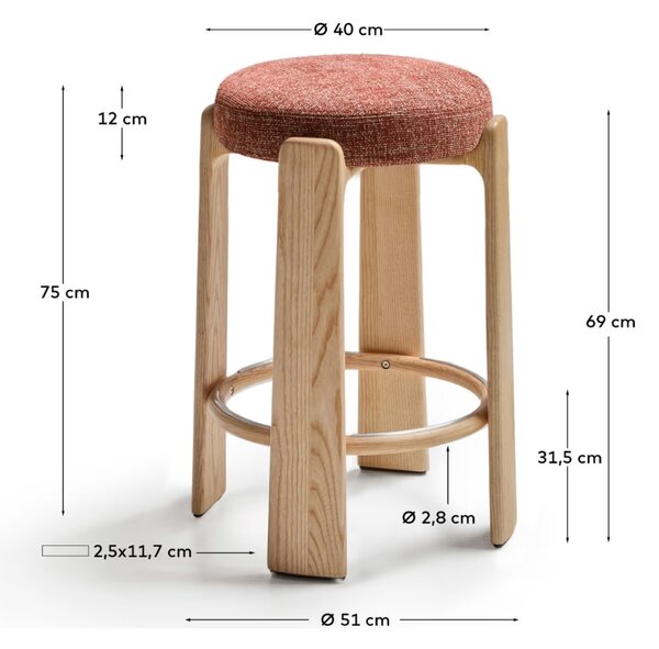 Kave Home Terakotově červená dřevěná barová židle Granite II. 75 cm