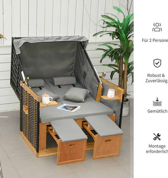 Outsunny plně sklápěcí plážové křeslo pro 2 osoby odolné proti zimě, dřevěné plážové křeslo s ochranným stříškou, podnožkou, bočními stoly a krytem, p