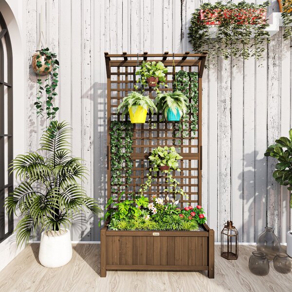 Outsunny Vyvýšený Záhon s Trellis, Dřevěný Záhon 90 x 45 x 183 cm pro Zahradní Balkon a Terasu, Květináč pro Popínavé Rostliny | Aosom