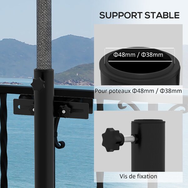 Držák slunečníku Outsunny na balkon s nastavitelnými svorkami pro zábradlí, podporuje slunečníky s průměrem 48 mm a 38 mm, 21x14x58 cm, černý kov | Ao