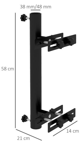 Držák slunečníku Outsunny na balkon s nastavitelnými svorkami pro zábradlí, podporuje slunečníky s průměrem 48 mm a 38 mm, 21x14x58 cm, černý kov | Ao