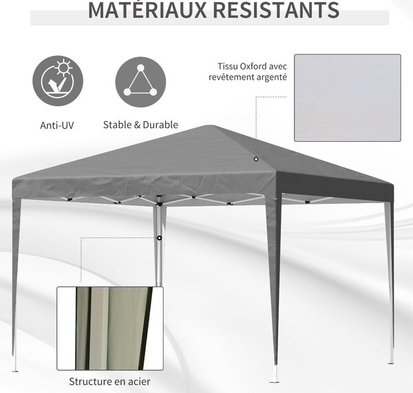 Outsunny Zahradní altán 3x3m Skládací Pop-up Altán Skládací Zahradní Markýza Proti UV + Přenosná Taška Ocelový Oxford Šedý | Aosom