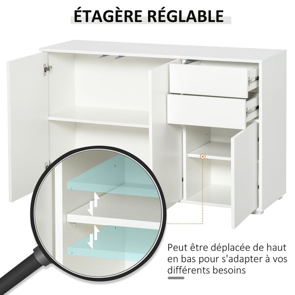 HOMCOM Úložný Buffet Skříň s 2 Posuvnými Šuplíky, 3 Dveřmi a Nastavitelnou Policí, Panely z Dřevotřísky 117 x 36 x 74 cm Bílá | Aosom