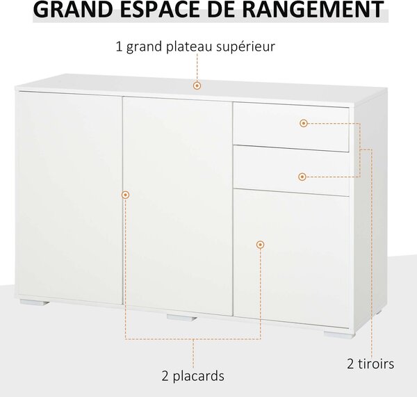 HOMCOM Úložný Buffet Skříň s 2 Posuvnými Šuplíky, 3 Dveřmi a Nastavitelnou Policí, Panely z Dřevotřísky 117 x 36 x 74 cm Bílá | Aosom
