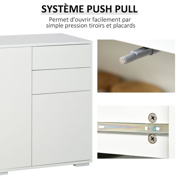 HOMCOM Úložný Buffet Skříň s 2 Posuvnými Šuplíky, 3 Dveřmi a Nastavitelnou Policí, Panely z Dřevotřísky 117 x 36 x 74 cm Bílá | Aosom