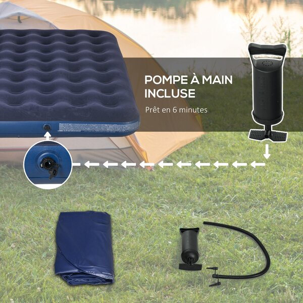 Outsunny Nafukovací matrace pro 2 osoby s integrovanou ruční pumpou, sametový povrch, ideální na kempování a cestování - 203D x 152Š x 22V cm, modrá |