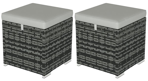 Outsunny Sada 2 Stoliček s Úložným Prostorem z PE Rattanu, Zahradní Podnožka s Odnímatelnými Polštáři, Pouf 40 x 40 x 41 cm, Světlá šedá | Aosom