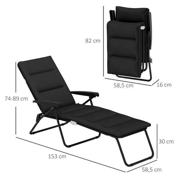 Skládací sluneční lehátko Outsunny s 6 polohami sklonu, vysoký komfort s matrací + opěrkami na ruce, ocel, polyester, černé | Aosom