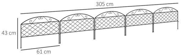 Outsunny Sada 5 dekorativních kovových panelů zahradního plotu, zahradní okraj, pro květinový záhon - rozměry 305 x 43 cm, černá | Aosom
