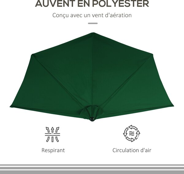 Outsunny Poloviční Slunečník - Slunečník na Balkon 5 Kovových Žebříků 2,93 x 1,5 x 2,49 m Vysoce Hustý Polyester Zelený | Aosom