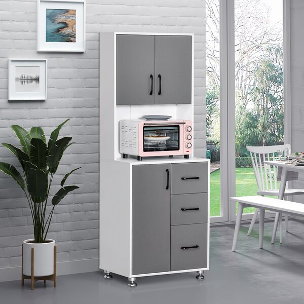 HOMCOM Kuchyňský bufet s více úložnými prostory 2 + 1 dvířka 3 zásuvky + Velký pracovní stůl Rozměry 60L x 40W x 160H cm Šedá Bílá | Aosom