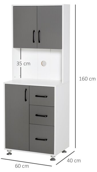 HOMCOM Kuchyňský bufet s více úložnými prostory 2 + 1 dvířka 3 zásuvky + Velký pracovní stůl Rozměry 60L x 40W x 160H cm Šedá Bílá | Aosom