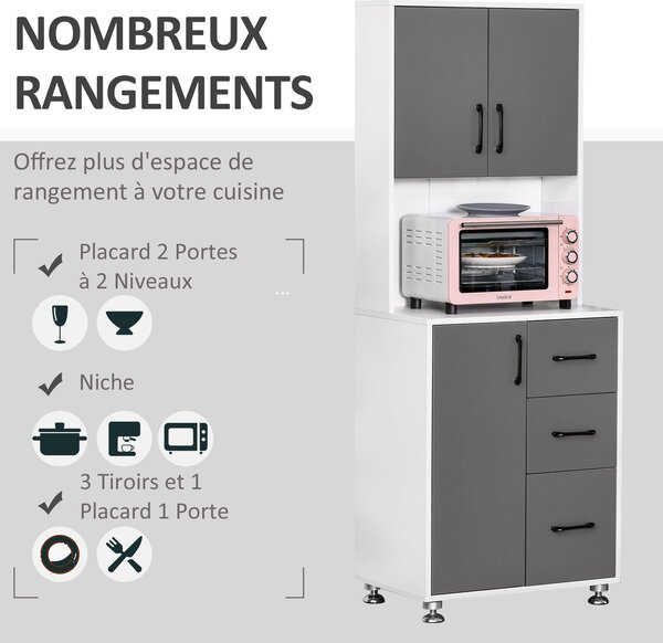 HOMCOM Kuchyňský bufet s více úložnými prostory 2 + 1 dvířka 3 zásuvky + Velký pracovní stůl Rozměry 60L x 40W x 160H cm Šedá Bílá | Aosom