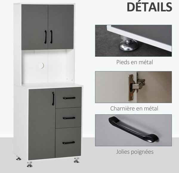 HOMCOM Kuchyňský bufet s více úložnými prostory 2 + 1 dvířka 3 zásuvky + Velký pracovní stůl Rozměry 60L x 40W x 160H cm Šedá Bílá | Aosom