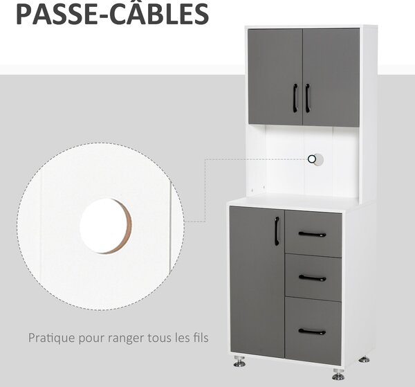 HOMCOM Kuchyňský bufet s více úložnými prostory 2 + 1 dvířka 3 zásuvky + Velký pracovní stůl Rozměry 60L x 40W x 160H cm Šedá Bílá | Aosom