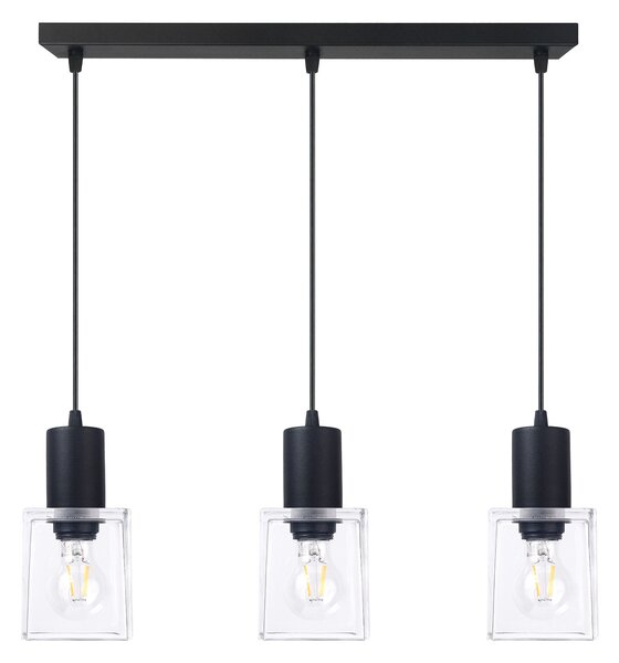 Light for home - Závěsné svítidlo černá lišta a čiré skleněné hranaté stínidla 60603 "Roberto", 3x60W, E27, Černá