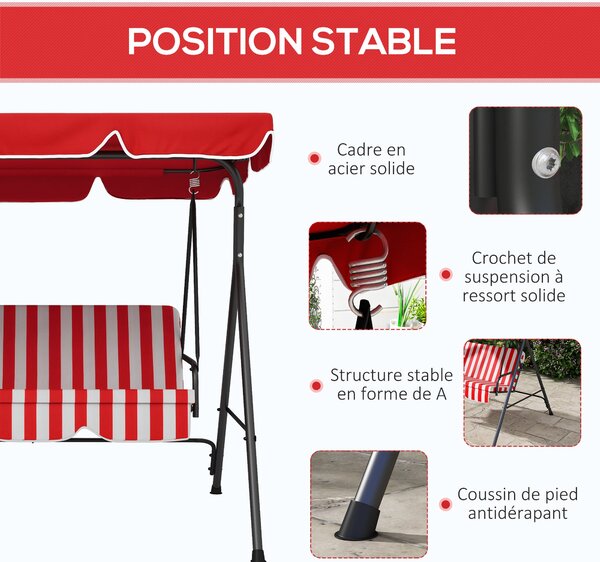 Zahradní houpačka Outsunny pro 3 osoby s nastavitelnou střechou, polštáři a opěradlem 1,72D x 1,1Š x 1,53V m Černá ocel Červený polyester | Aosom