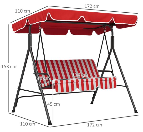 Zahradní houpačka Outsunny pro 3 osoby s nastavitelnou střechou, polštáři a opěradlem 1,72D x 1,1Š x 1,53V m Černá ocel Červený polyester | Aosom
