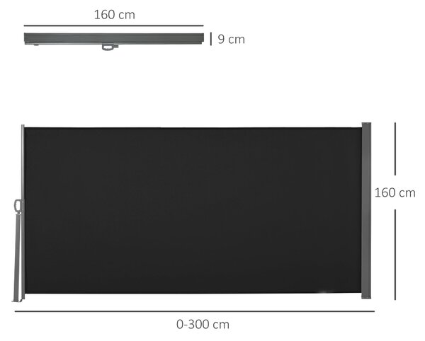 Zatahovací boční markýza Outsunny dim. 3L x 1.6H m, kovová, waterproof, UV-odolná, vysokohustotní 180 g/m², černá | Aosom