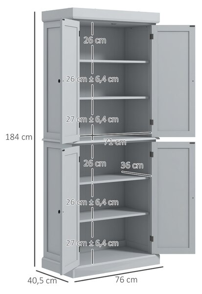 HOMCOM Kuchyňský Skříňový Buffet Skladovací Skříň Moderní Styl s Nastavitelnými Policemi pro Jídelnu a Obývací Pokoj, 76 x 40,5 x 184 cm, Šedá | Aosom