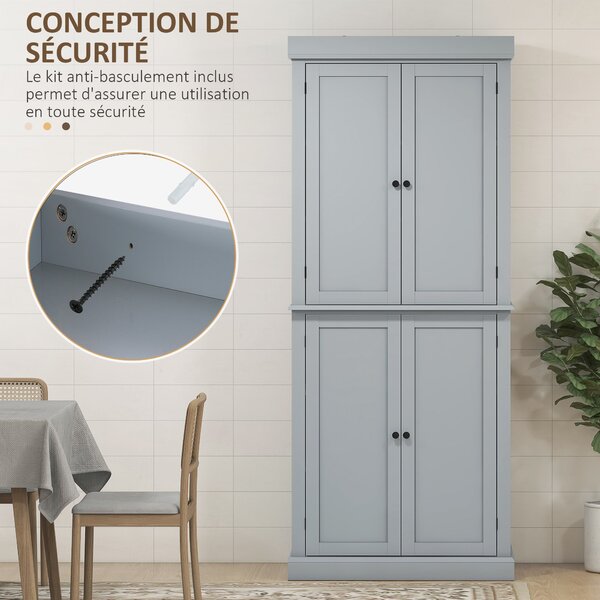 HOMCOM Kuchyňský Skříňový Buffet Skladovací Skříň Moderní Styl s Nastavitelnými Policemi pro Jídelnu a Obývací Pokoj, 76 x 40,5 x 184 cm, Šedá | Aosom