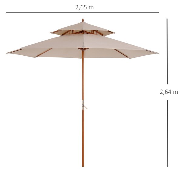 Outsunny Rovný Dřevěný Zahradní Slunečník Kulatý Slunečník Polyester 180 g/m² 2 Střechy dia. 2.7 x 2.6H m béžový | Aosom