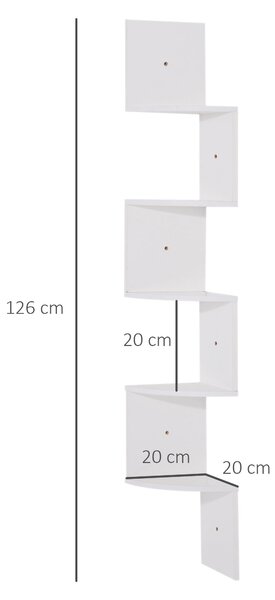 HOMCOM Rohová polička ve tvaru zig-zag, 20L x 20W x 126H cm, 5 úrovní, Bílá dřevěná | Aosom