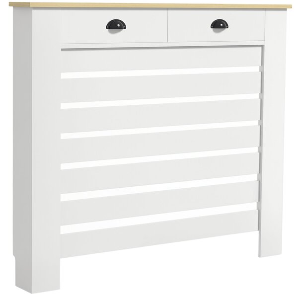 HOMCOM Kryt radiátoru, Stěna radiátoru, Horizontální lamelový rošt, se 2 zásuvkami, pro obývací pokoj, ložnici, chodbu, dřevo, 111 x 19 x 95,5 cm, Bíl