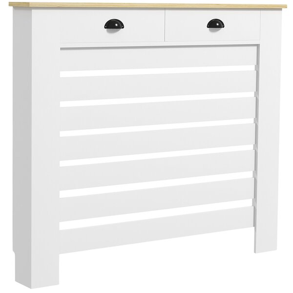 HOMCOM Kryt radiátoru, Stěna radiátoru, Horizontální lamelový rošt, se 2 zásuvkami, pro obývací pokoj, ložnici, chodbu, dřevo, 111 x 19 x 95,5 cm, Bíl