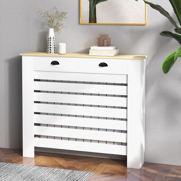 HOMCOM Kryt radiátoru, Stěna radiátoru, Horizontální lamelový rošt, se 2 zásuvkami, pro obývací pokoj, ložnici, chodbu, dřevo, 111 x 19 x 95,5 cm, Bíl