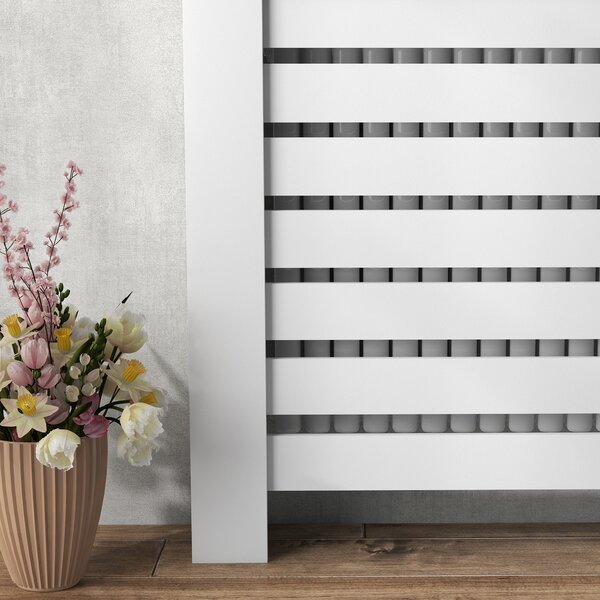 HOMCOM Kryt radiátoru, Stěna radiátoru, Horizontální lamelový rošt, se 2 zásuvkami, pro obývací pokoj, ložnici, chodbu, dřevo, 111 x 19 x 95,5 cm, Bíl