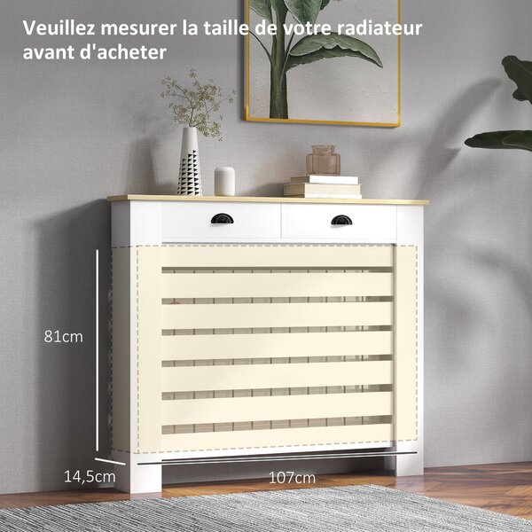 HOMCOM Kryt radiátoru, Stěna radiátoru, Horizontální lamelový rošt, se 2 zásuvkami, pro obývací pokoj, ložnici, chodbu, dřevo, 111 x 19 x 95,5 cm, Bíl