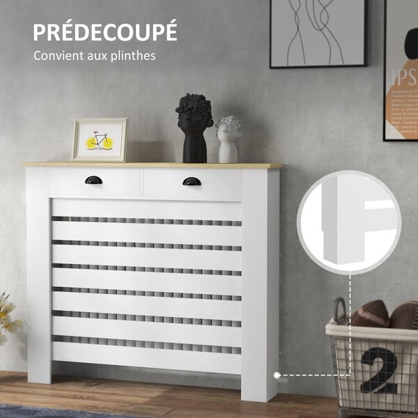 HOMCOM Kryt radiátoru, Stěna radiátoru, Horizontální lamelový rošt, se 2 zásuvkami, pro obývací pokoj, ložnici, chodbu, dřevo, 111 x 19 x 95,5 cm, Bíl