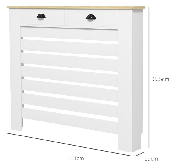 HOMCOM Kryt radiátoru, Stěna radiátoru, Horizontální lamelový rošt, se 2 zásuvkami, pro obývací pokoj, ložnici, chodbu, dřevo, 111 x 19 x 95,5 cm, Bíl