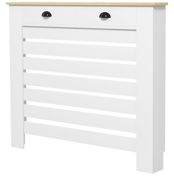 HOMCOM Kryt radiátoru, Stěna radiátoru, Horizontální lamelový rošt, se 2 zásuvkami, pro obývací pokoj, ložnici, chodbu, dřevo, 111 x 19 x 95,5 cm, Bíl