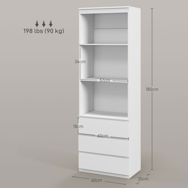 Knižní skříňka HOMCOM s úložným prostorem, výška 180 cm, 3 police a 3 zásuvky, bílá dřevěná, 60 x 35 x 180 cm | Aosom