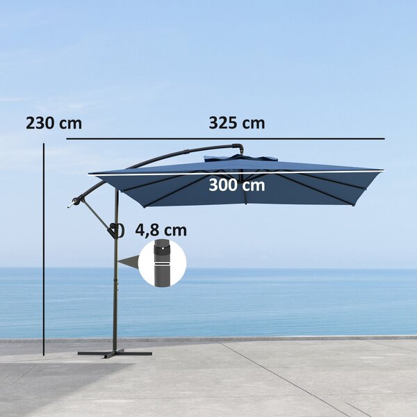 Slunečník Outsunny čtvercový s posuvným mechanismem 3 x 3m, zahradní slunečník s kličkou, křížová základna, naklonění a rotace 360°, polyesterová stří
