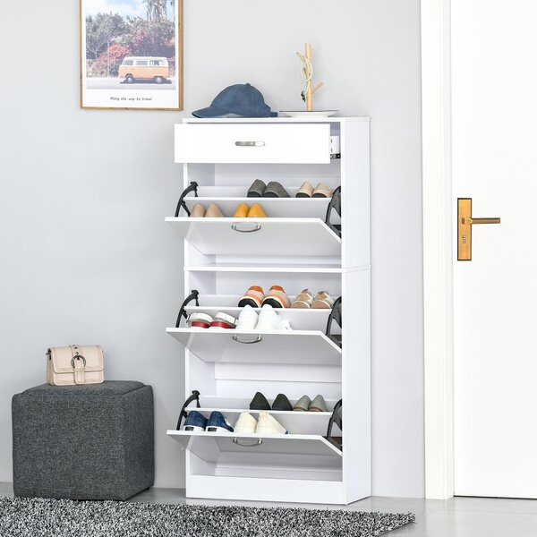 HOMCOM Skříň na boty - 3 skládací dveře a posuvná zásuvka - rozměry 62Š x 24H x 135V cm - hliníkové úchyty. Dřevotříska Bílá | Aosom