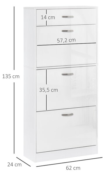 HOMCOM Skříň na boty - 3 skládací dveře a posuvná zásuvka - rozměry 62Š x 24H x 135V cm - hliníkové úchyty. Dřevotříska Bílá | Aosom