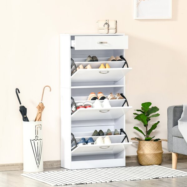 HOMCOM Skříň na boty - 3 skládací dveře a posuvná zásuvka - rozměry 62Š x 24H x 135V cm - hliníkové úchyty. Dřevotříska Bílá | Aosom