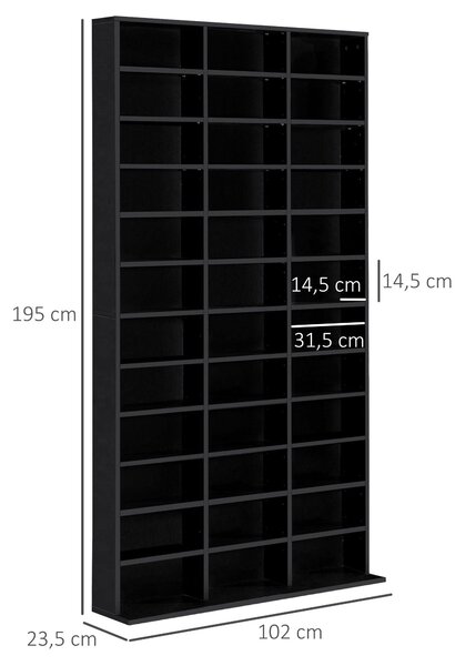 HOMCOM Regál na CD/DVD pro 1116 CD, 36 výškově nastavitelných přihrádek, 102 x 24 x 195 cm, Černý | Aosom