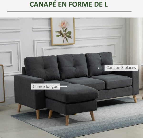 HOMCOM Rohová Pohovka z Lněné Tkaniny, 3-místná Pohovka, Reverzibilní Chaise Lounge vpravo nebo vlevo, 193 cm, Skandinávský Design, pro Obývací Pokoj