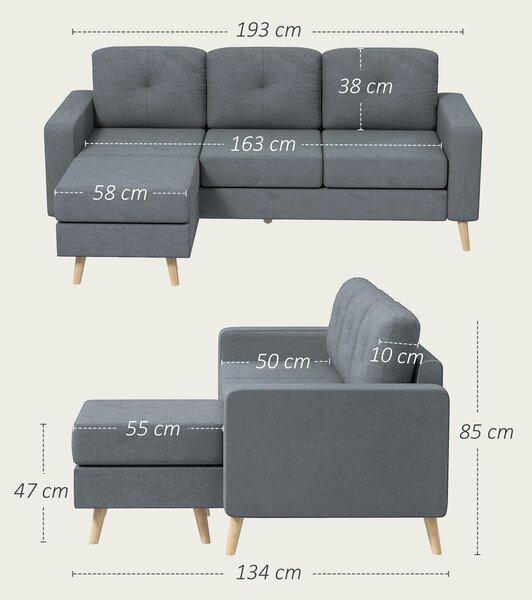 HOMCOM Rohová Pohovka z Lněné Tkaniny, 3-místná Pohovka, Reverzibilní Chaise Lounge vpravo nebo vlevo, 193 cm, Skandinávský Design, pro Obývací Pokoj