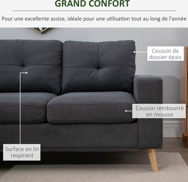 HOMCOM Rohová Pohovka z Lněné Tkaniny, 3-místná Pohovka, Reverzibilní Chaise Lounge vpravo nebo vlevo, 193 cm, Skandinávský Design, pro Obývací Pokoj