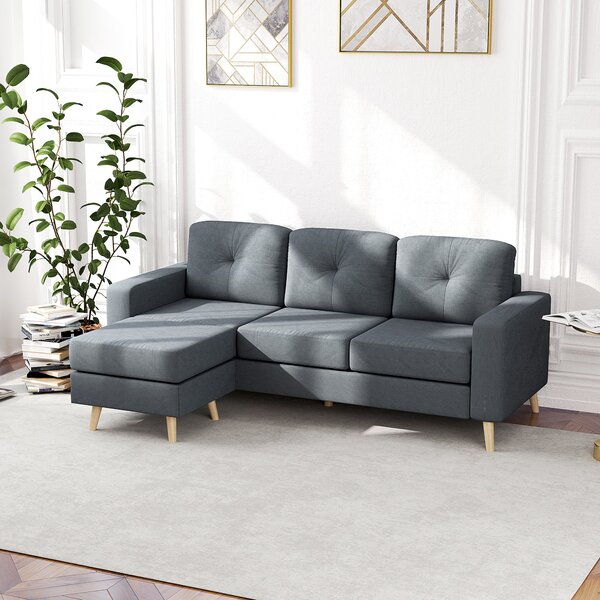 HOMCOM Rohová Pohovka z Lněné Tkaniny, 3-místná Pohovka, Reverzibilní Chaise Lounge vpravo nebo vlevo, 193 cm, Skandinávský Design, pro Obývací Pokoj