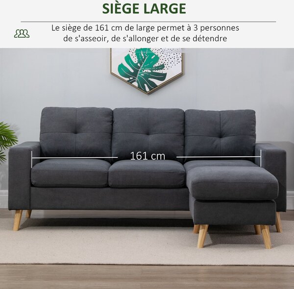 HOMCOM Rohová Pohovka z Lněné Tkaniny, 3-místná Pohovka, Reverzibilní Chaise Lounge vpravo nebo vlevo, 193 cm, Skandinávský Design, pro Obývací Pokoj