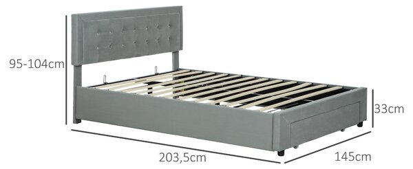 HOMCOM Dvoulůžkový rám postele 140 x 200 cm pro 2 osoby - plynový plyn, úložný prostor, zásuvka na kolečkách, výškově nastavitelný čelní panel a dřevě